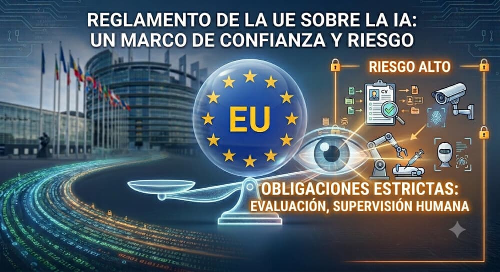 Infografía sobre el Reglamento de IA de la UE detallando los sistemas de alto riesgo y las obligaciones de evaluación y supervisión humana con el Parlamento Europeo de fondo.